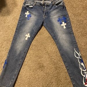 Chrome Hearts Cross Jeans Mens 34x30 Patchwork Denim Light Wash Flame Slim
